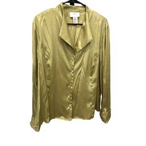 VIE Victoria Royal Long Sleeve Gold Satin Button Up Blouse Sz 16